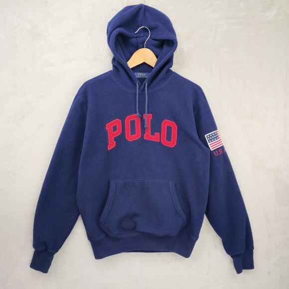 Polo Ralph Lauren Hoodie Mens Medium Navy Fleece Pullover Flag Patch Sweatshirt - Picture 1 of 9